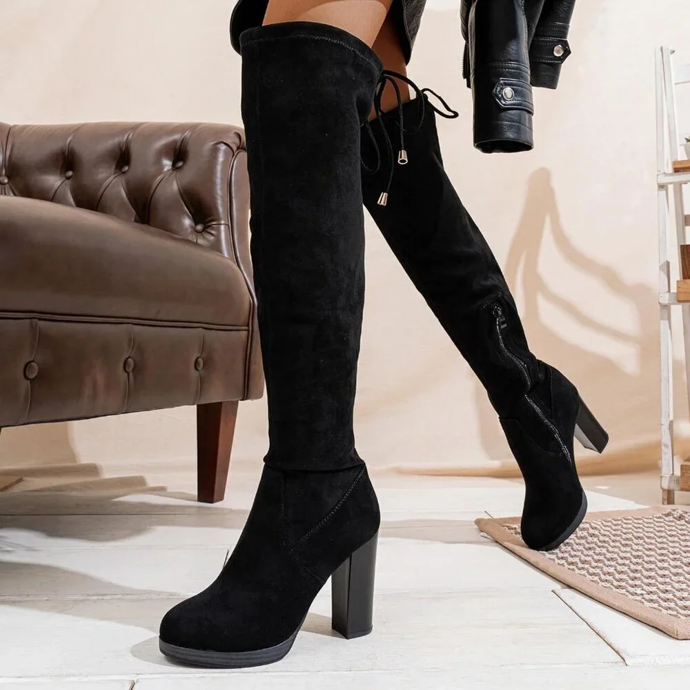Women's Black-imitation Grain Synthetic suede Thigh High Over The Knee Tall Boot